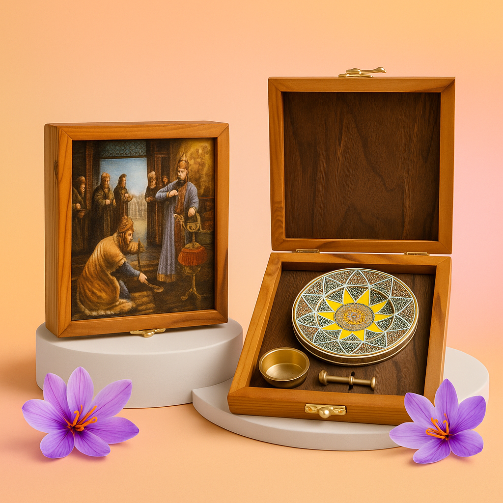 باکس زعفران کادویی چوبی طرحدار همراه با زعفران سوپر نگین